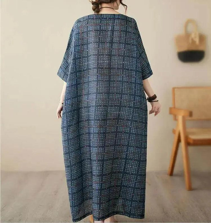 Women's Loose-Fit Linen Bohemian Red Plaid Maxi Dress with Half Sleeves-Women's dress-Thebesttailor-Thebesttailor