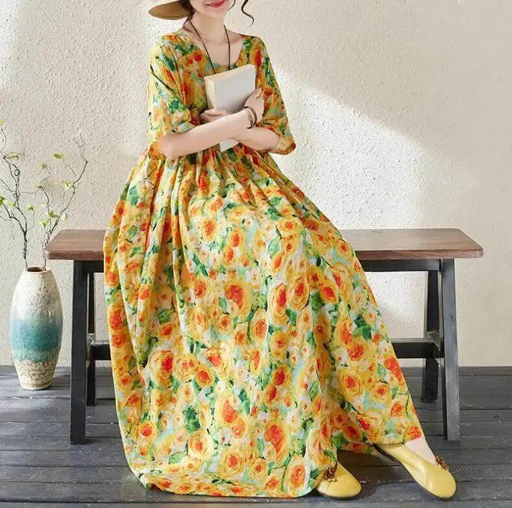 Women's Bohemian Green Summer Floral Print Dress-Women's dress-Thebesttailor-Thebesttailor