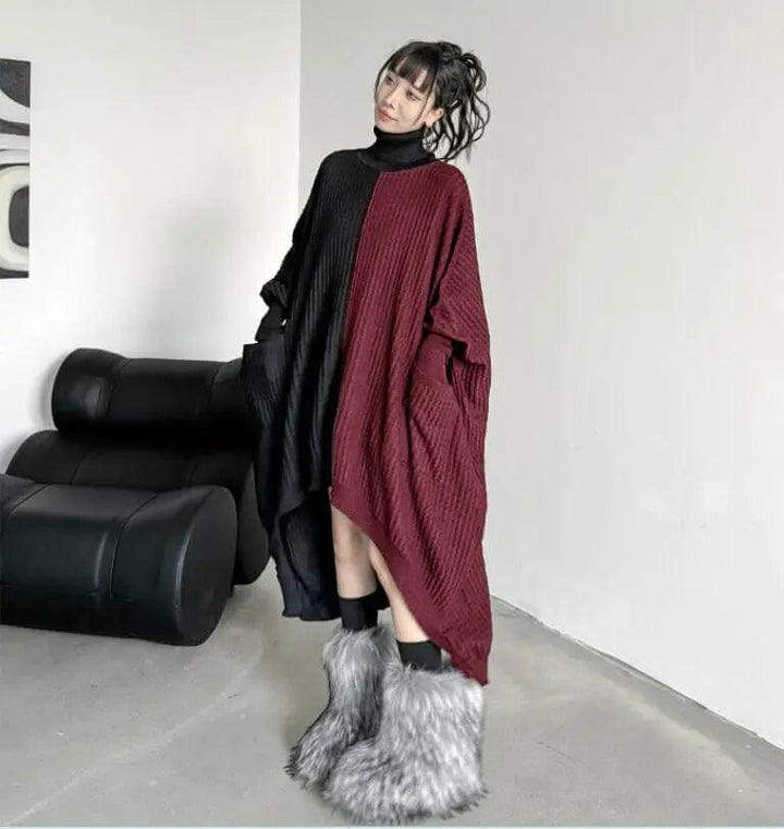 Oversized Turtleneck Sweater Dress with Colorblock Pattern-KNITTED SWEATERS-Thebesttailor-Thebesttailor