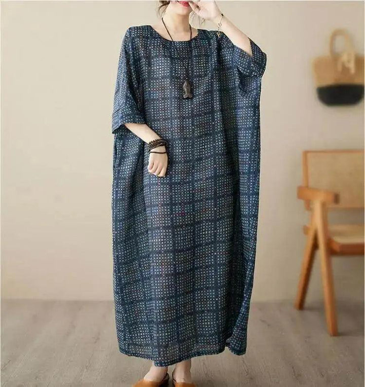 Women's Loose-Fit Linen Bohemian Red Plaid Maxi Dress with Half Sleeves-Women's dress-Thebesttailor-Thebesttailor