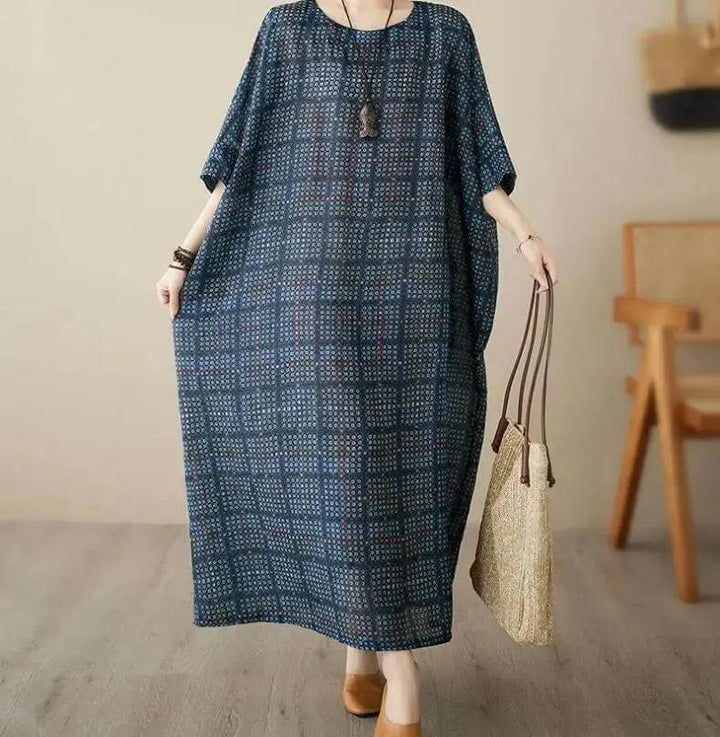 Women's Loose-Fit Linen Bohemian Red Plaid Maxi Dress with Half Sleeves-Women's dress-Thebesttailor-One size-Blue-Linen-Thebesttailor