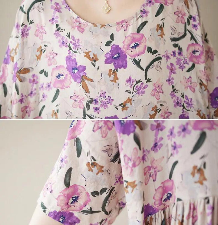 Bohemian Maxi Dress Pink Floral Cotton Dress with Half Sleeves-Women's dress-Thebesttailor-Thebesttailor