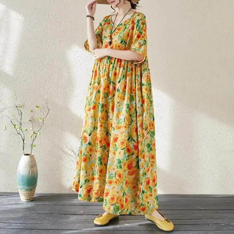 Women's Bohemian Green Summer Floral Print Dress-Women's dress-Thebesttailor-Thebesttailor