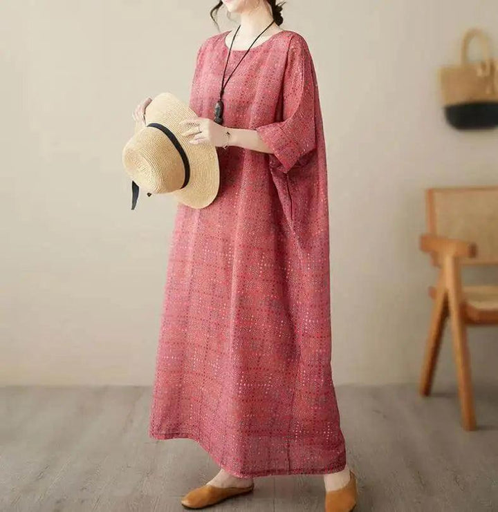 Women's Loose-Fit Linen Bohemian Red Plaid Maxi Dress with Half Sleeves-Women's dress-Thebesttailor-Thebesttailor