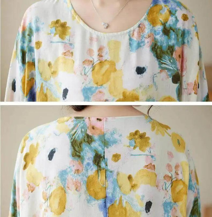 Women's Loose Fit Bohemian Yellow Floral Summer Cotton Dress-Women's dress-Thebesttailor-Thebesttailor