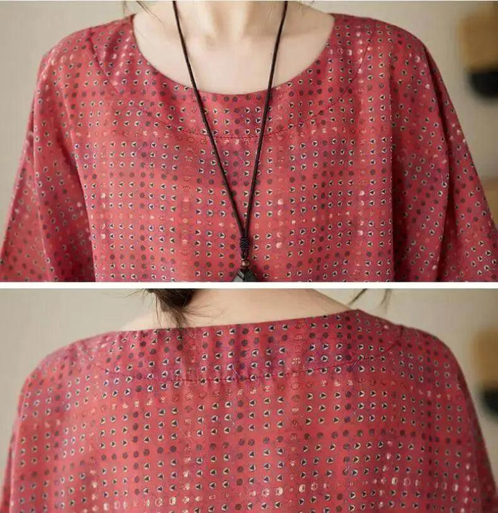 Women's Loose-Fit Linen Bohemian Red Plaid Maxi Dress with Half Sleeves-Women's dress-Thebesttailor-Thebesttailor