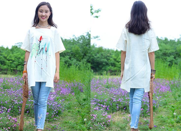 Elegant White Cotton-Linen Short Sleeve Blouse for Women-Women's coat-Thebesttailor-Thebesttailor