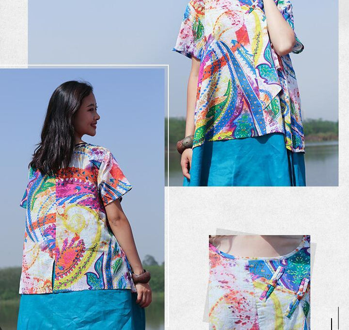 Oversized Short Dress-Sleeve Cotton-Linen Blouse for Women-Women's Shirt-Thebesttailor-Thebesttailor