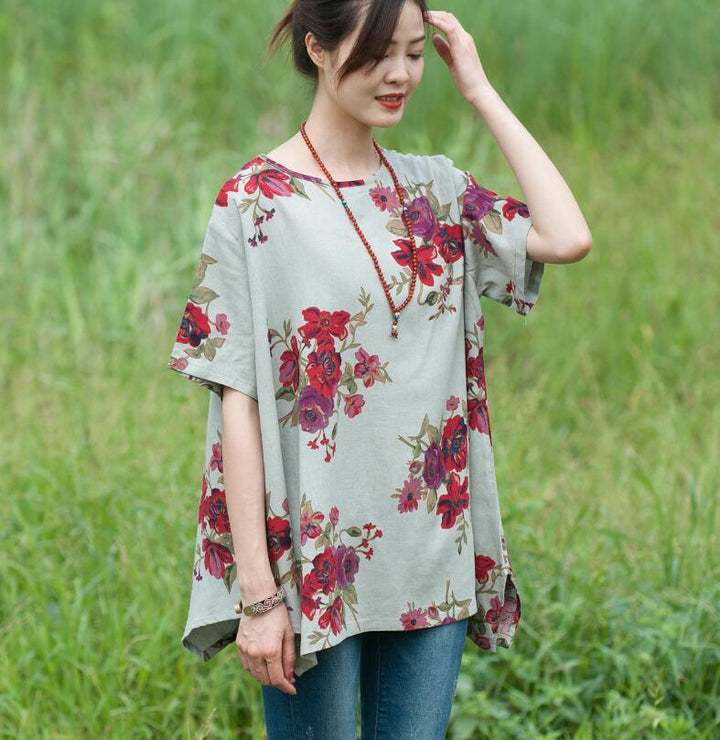 Floral Cotton-Linen Tunic Tops for Women-Women's Shirt-Thebesttailor-One size-Light Green-Linen-Thebesttailor