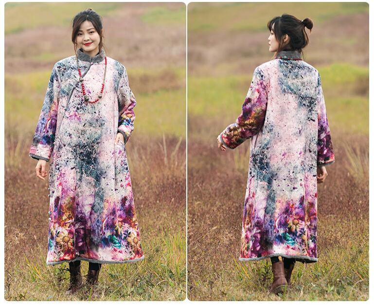Ethnic Printed Velvet Lined Winter Robe and Maxi Dress-Women's coat-Thebesttailor-Thebesttailor