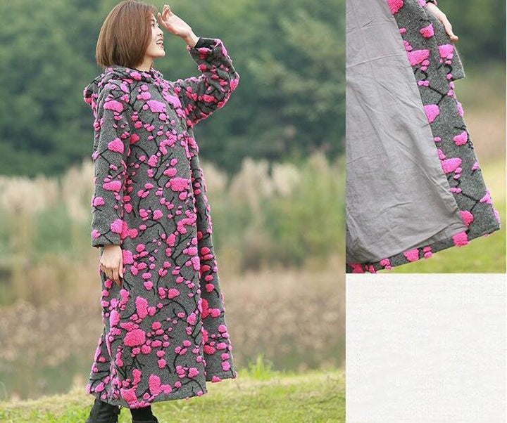 Retro Jacquard Wool Hooded Cardigan Coat for Women-Women's coat-Thebesttailor-Thebesttailor