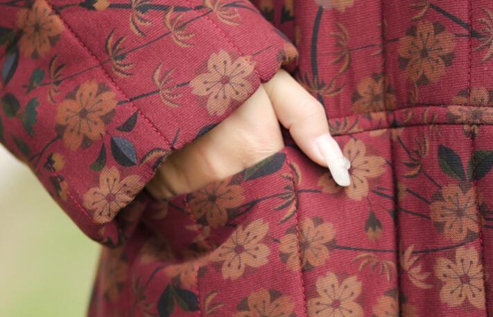 Retro Floral Stand-Up Collar Loose Fit Fleece Coat for Women-Women's coat-Thebesttailor-Thebesttailor