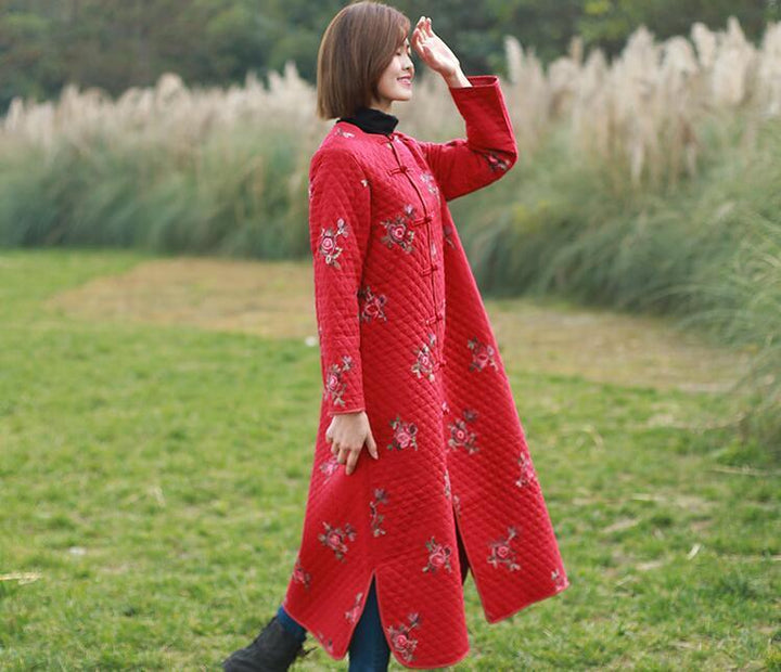 Women floral embroidery coat linen ladies winter filler dress-Women's coat-Thebesttailor-Thebesttailor