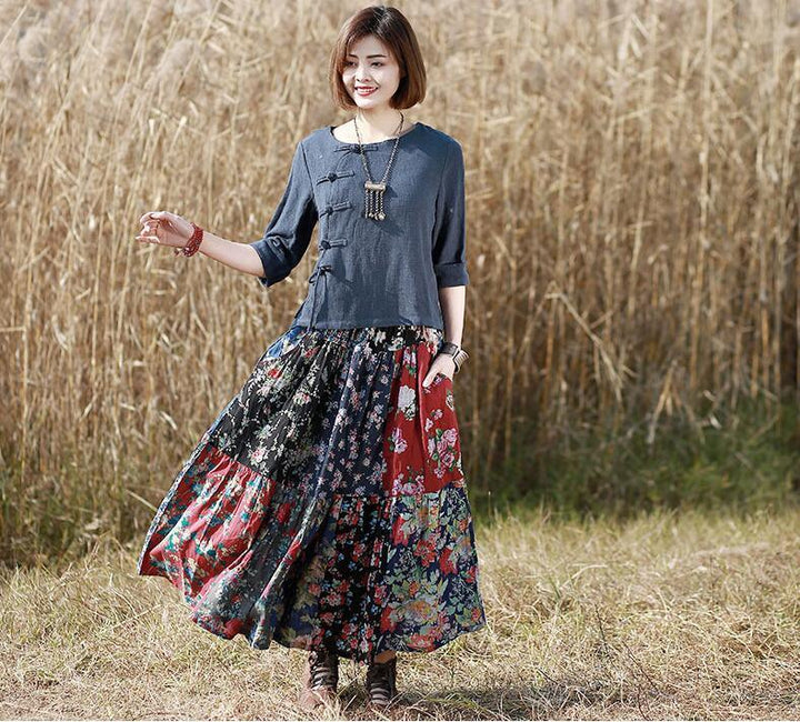 Red Boho Cotton A-Line Skirt with Pockets for Women-Women's Skirts-Thebesttailor-Thebesttailor
