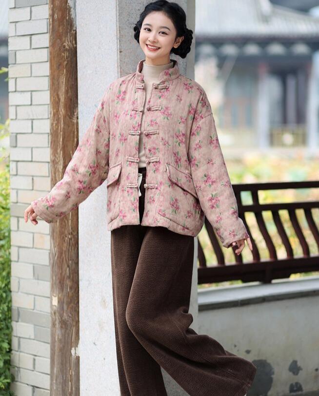 Floral Print Women's Winter Short Velvet Cotton Coat-Women's coat-Thebesttailor-Thebesttailor