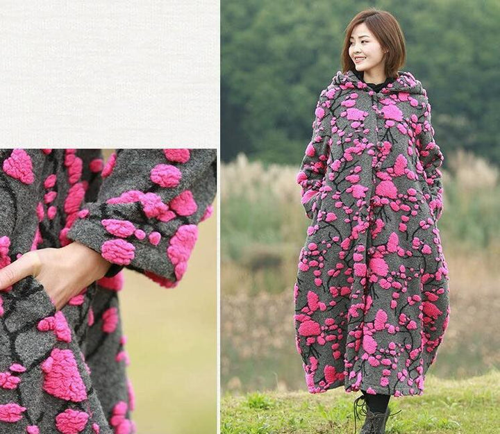 Retro Jacquard Wool Hooded Cardigan Coat for Women-Women's coat-Thebesttailor-Thebesttailor