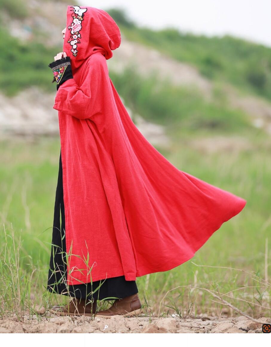 Winter Cotton And Linen Embroidered Chinese hooded cape coat
