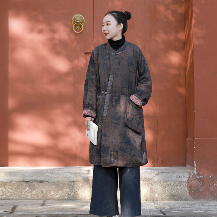 Loose Fit Winter Cardigan Quilted Linen Coat Brown Autumn