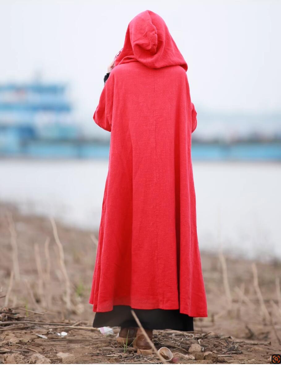 Winter Cotton And Linen Embroidered Chinese hooded cape coat