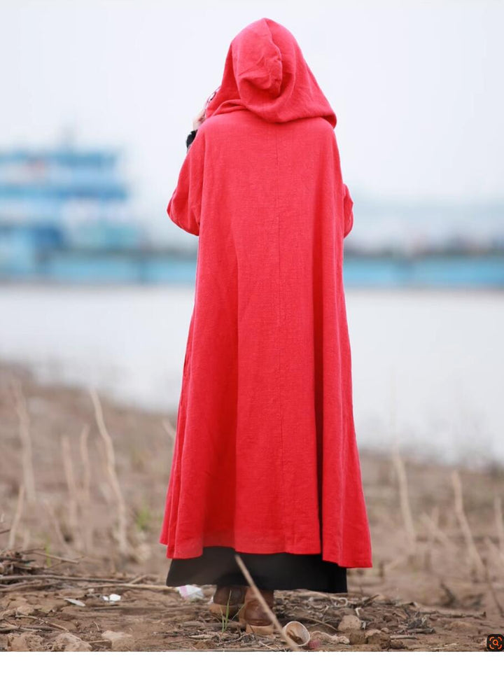 Winter Cotton And Linen Embroidered Chinese hooded cape coat