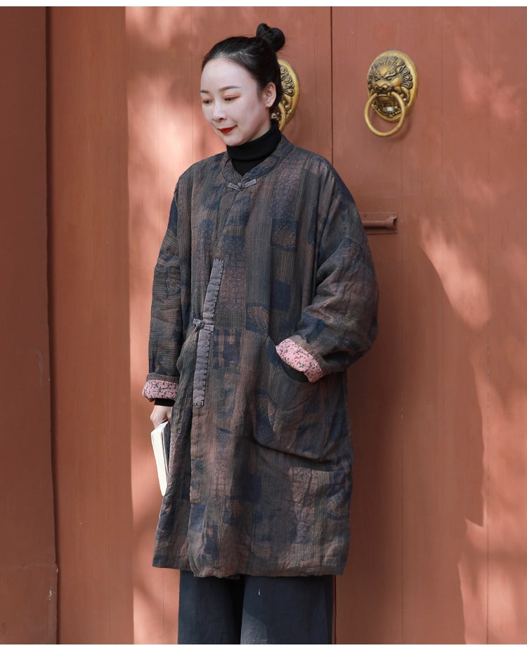 Loose Fit Winter Cardigan Quilted Linen Coat Brown Autumn