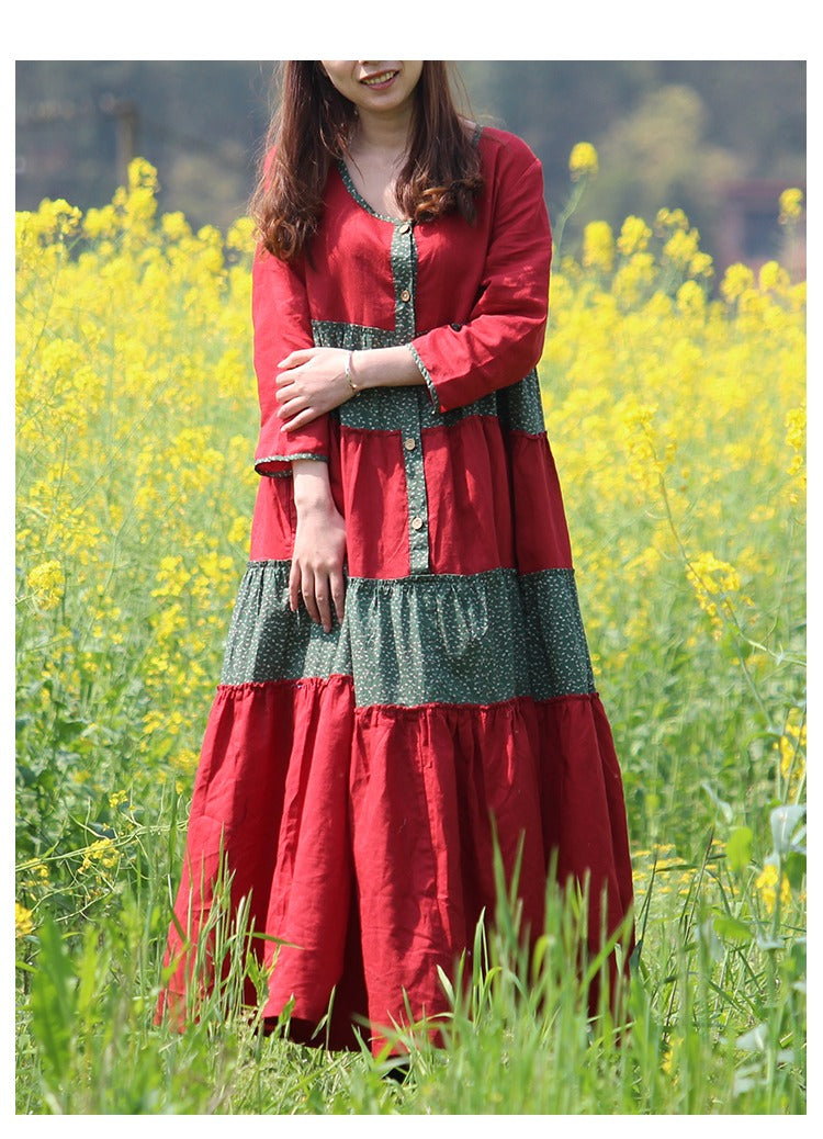 Cotton Floral Boho Midi Dress With Bracelet Sleeves