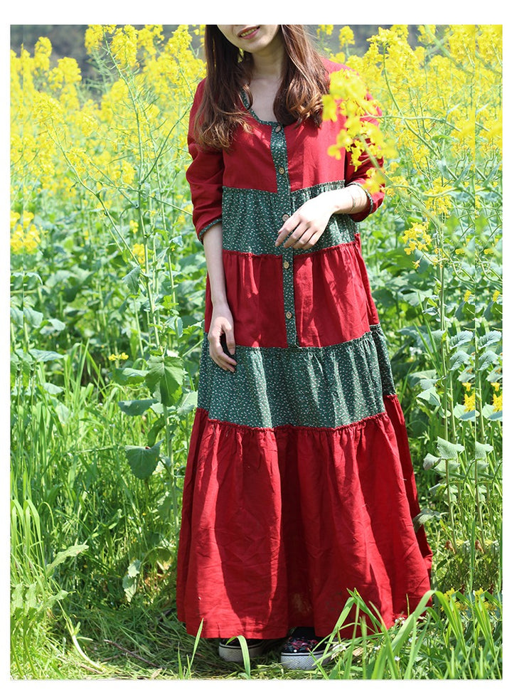 Cotton Floral Boho Midi Dress With Bracelet Sleeves