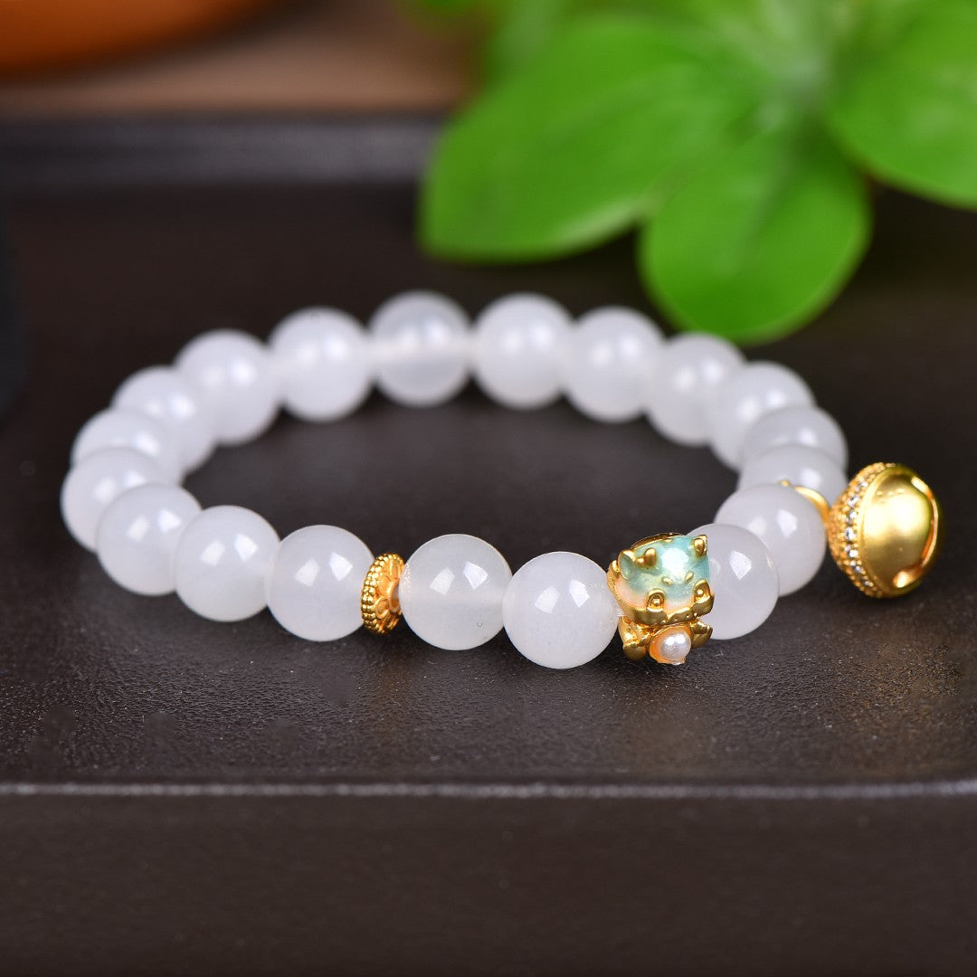 White Jade 10mm Lucky Cat Bell Bracelet for Good Luck