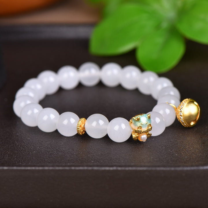 White Jade 10mm Lucky Cat Bell Bracelet for Good Luck
