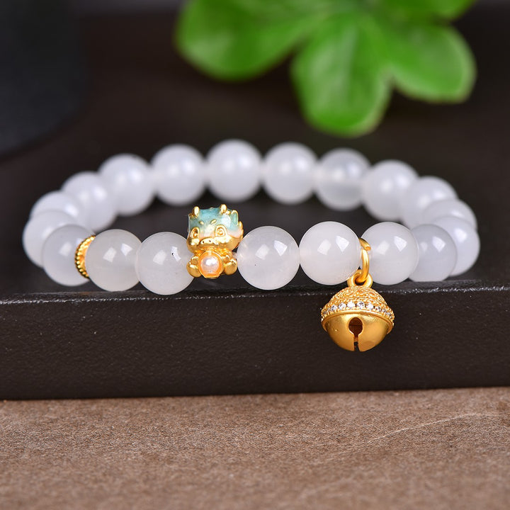 White Jade 10mm Lucky Cat Bell Bracelet for Good Luck