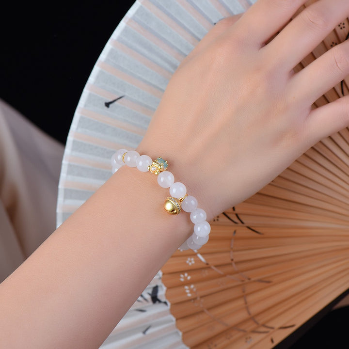 White Jade 10mm Lucky Cat Bell Bracelet for Good Luck