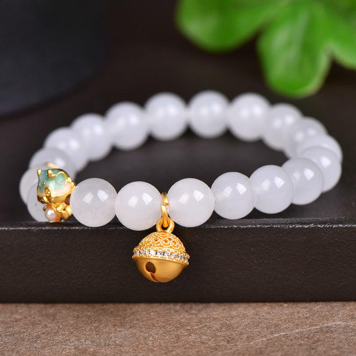 White Jade 10mm Lucky Cat Bell Bracelet for Good Luck