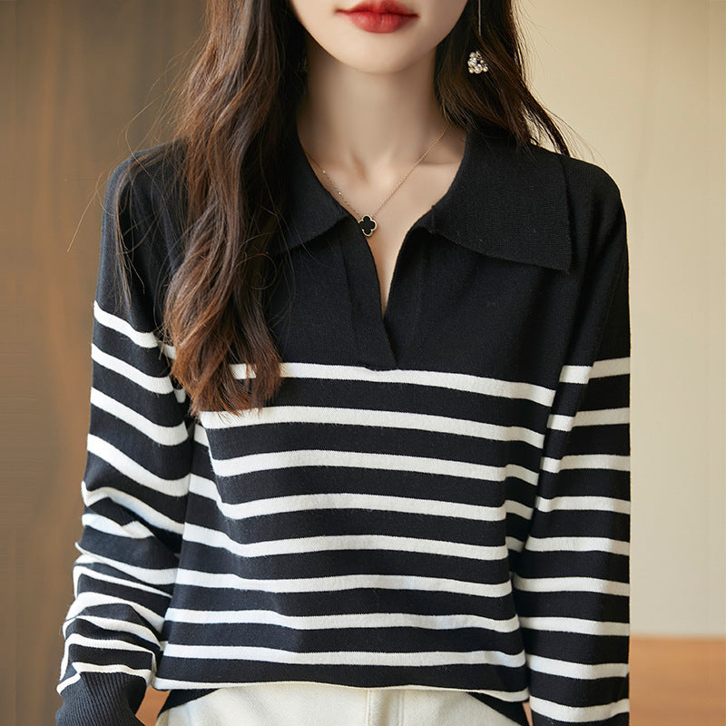 Striped Polo collar long-sleeved base knit top for women