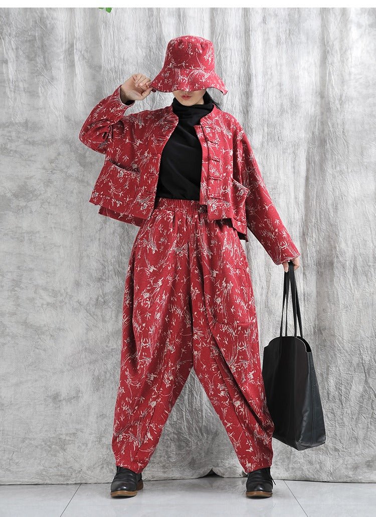 Autumn Cotton Blend Floral Top And Harem Pants Set