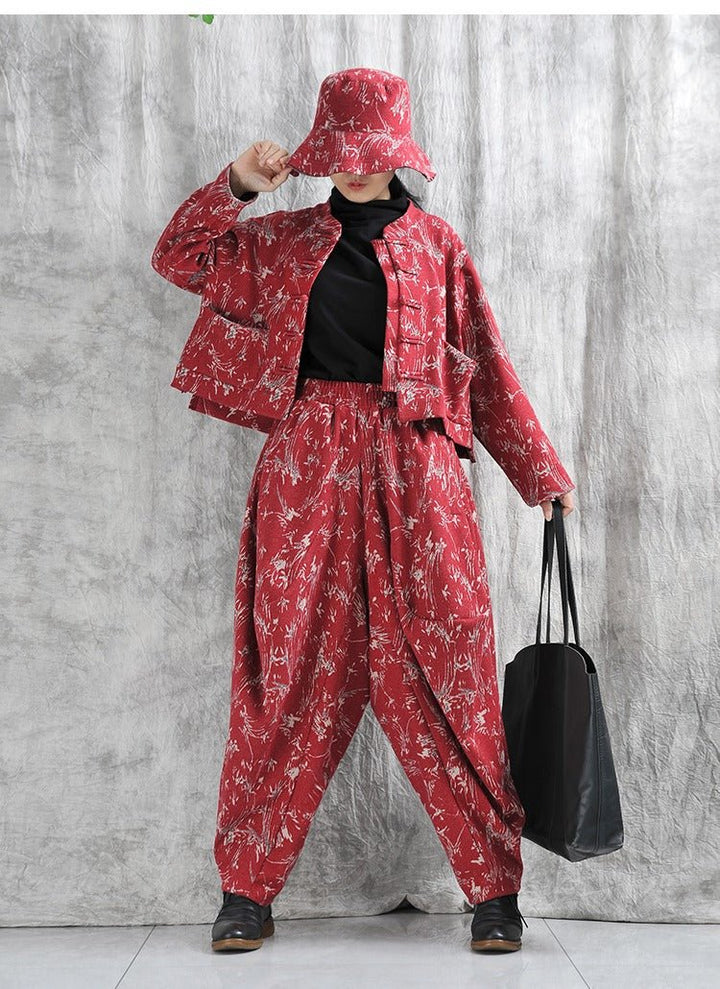 Autumn Cotton Blend Floral Top And Harem Pants Set