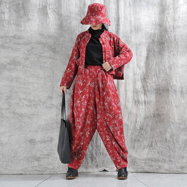 Autumn Cotton Blend Floral Top And Harem Pants Set