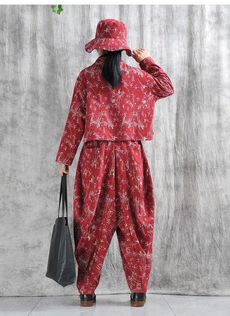 Autumn Cotton Blend Floral Top And Harem Pants Set