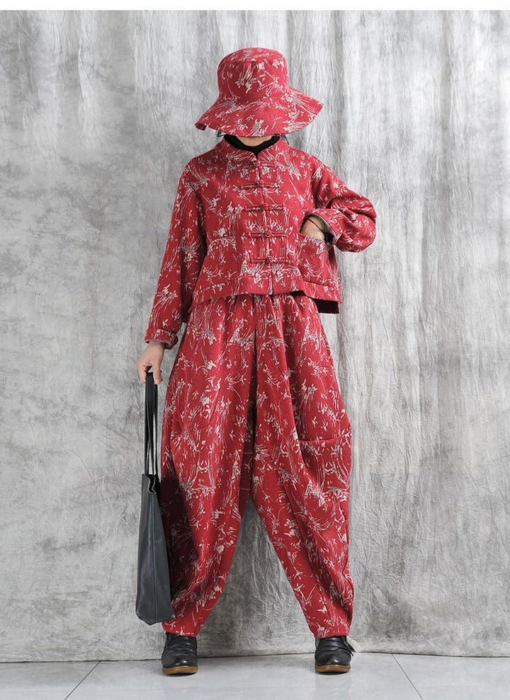 Autumn Cotton Blend Floral Top And Harem Pants Set