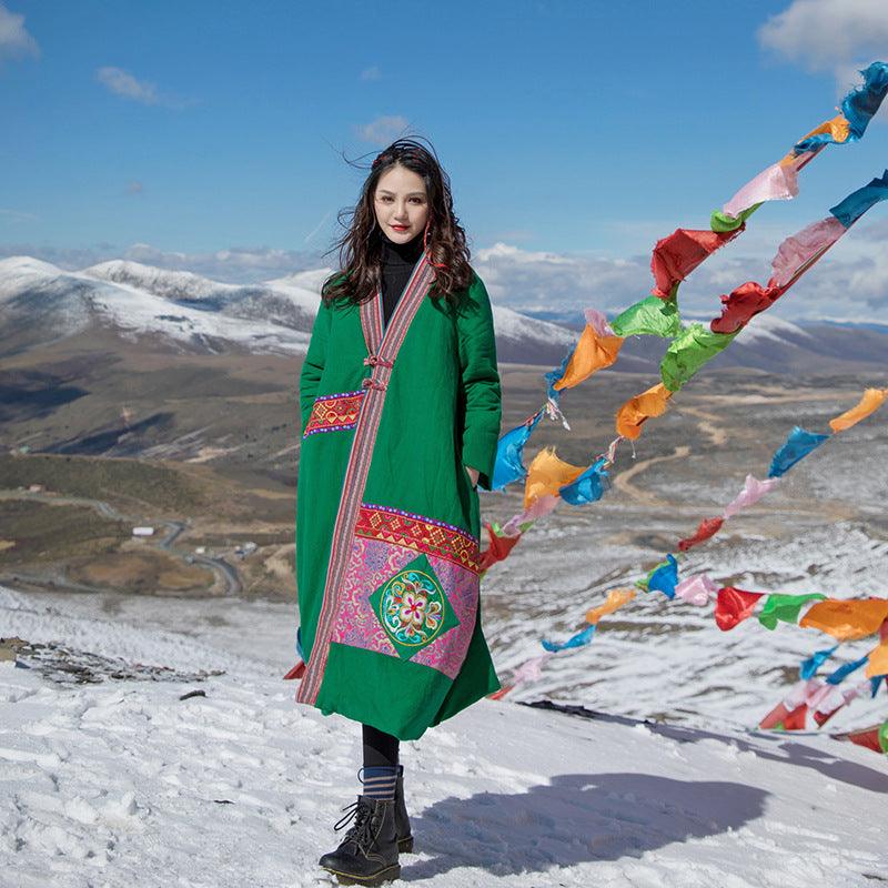 Casual embroidered floral V-neck winter long women's cotton coat by Thebesttailor