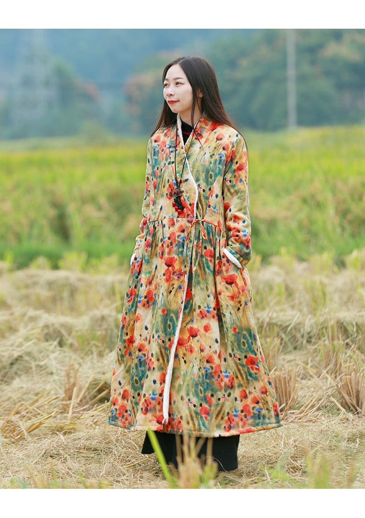 Vintage Floral Linen Long Coat Chinese Style Winter by Thebesttailor