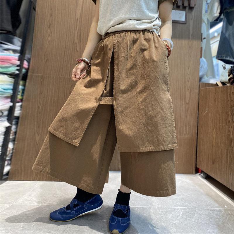 Elastic waist casual culottes Women's pants vintage cotton wide leg culottes pants Thebesttailor