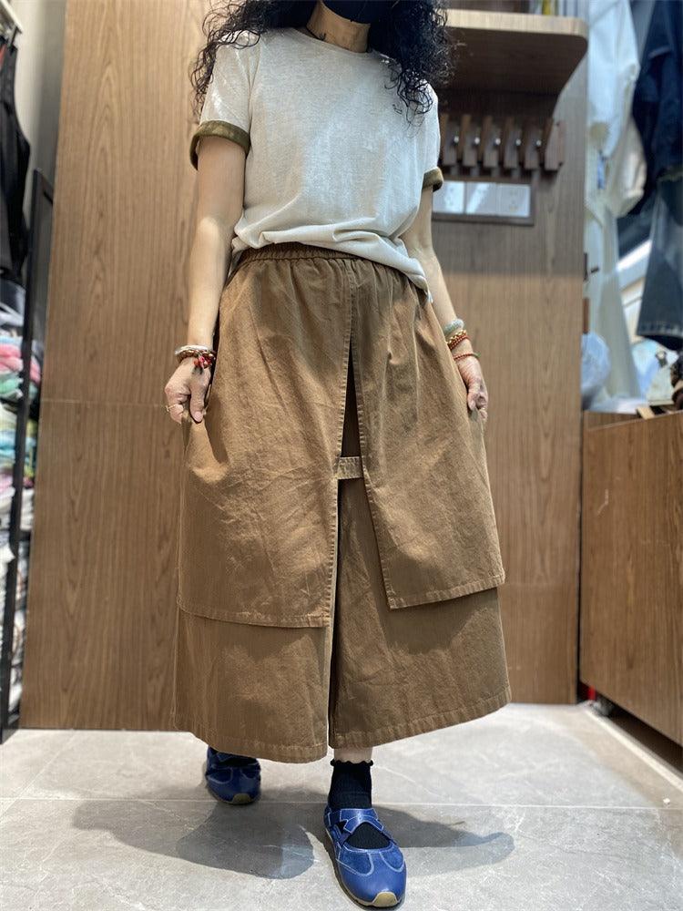 Elastic waist casual culottes Women's pants vintage cotton wide leg culottes pants Thebesttailor