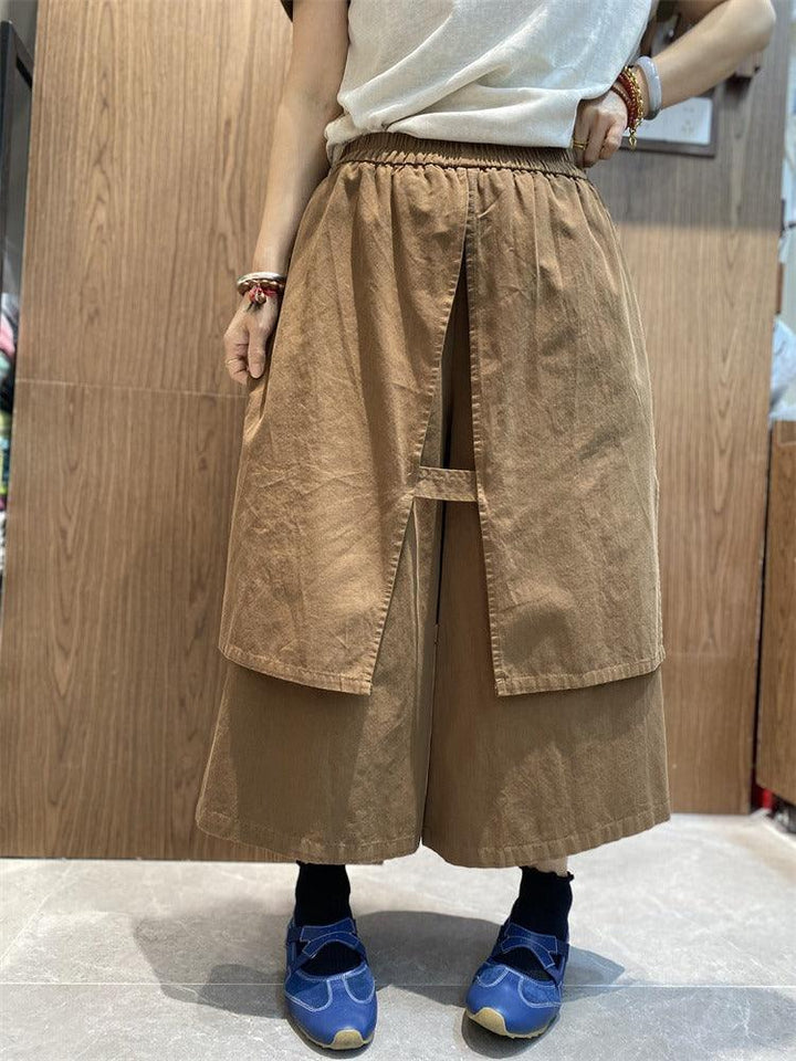 Elastic waist casual culottes Women's pants vintage cotton wide leg culottes pants Thebesttailor