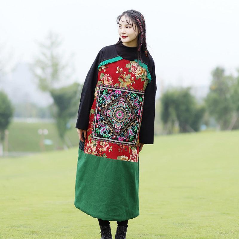 Embroidered Floral Maxi Tunic Dress - Long Sleeve Winter Robe for Maternity by Thebesttailor