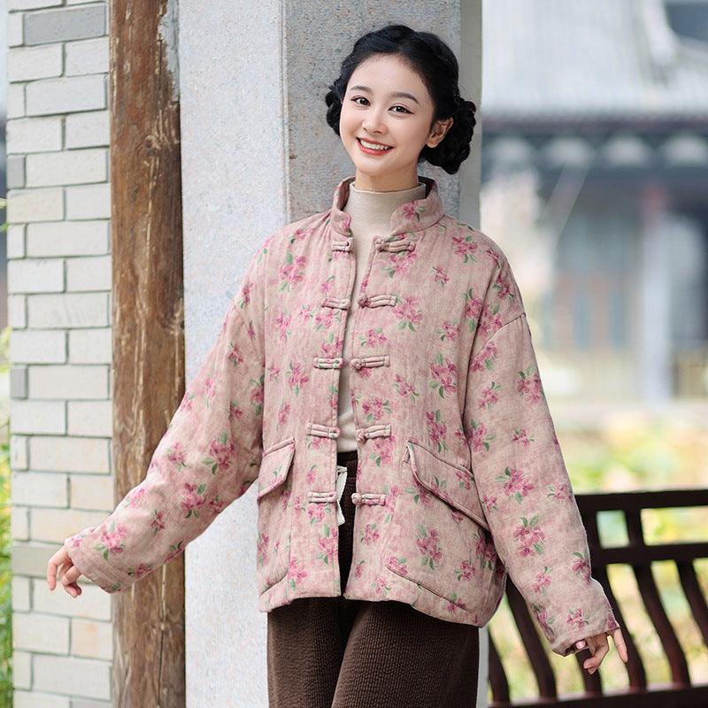 Floral Print Women's Winter Short Velvet Cotton Coat by Thebesttailor