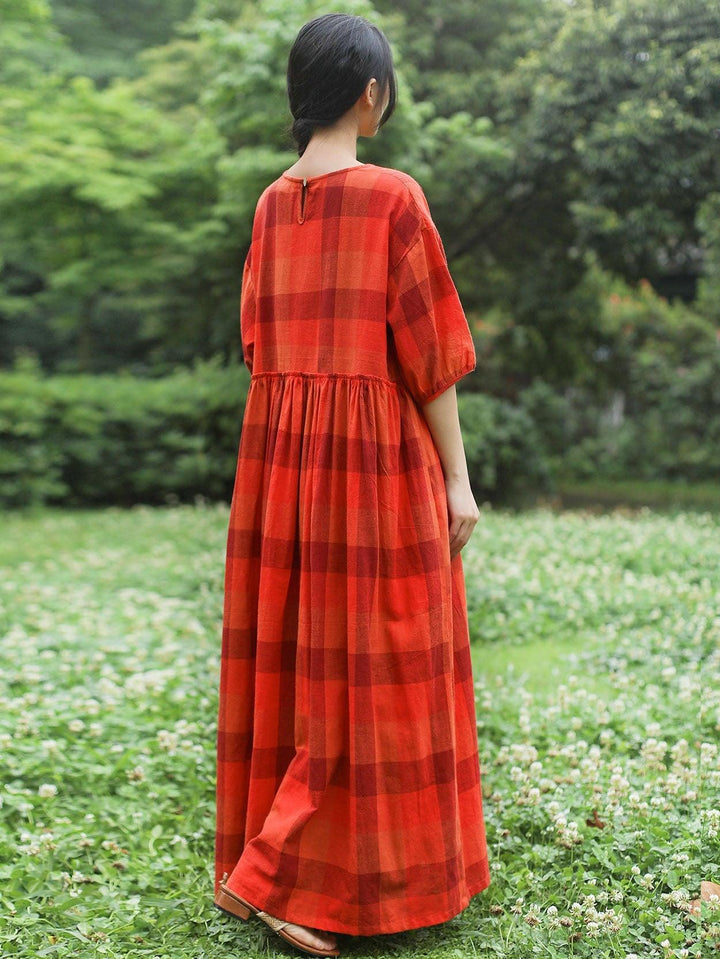 Stylish Long Sleeve Orange Plaid Dress With Pockets Dresses For Thanksgiving, featuring a loose fit and lantern sleeves.