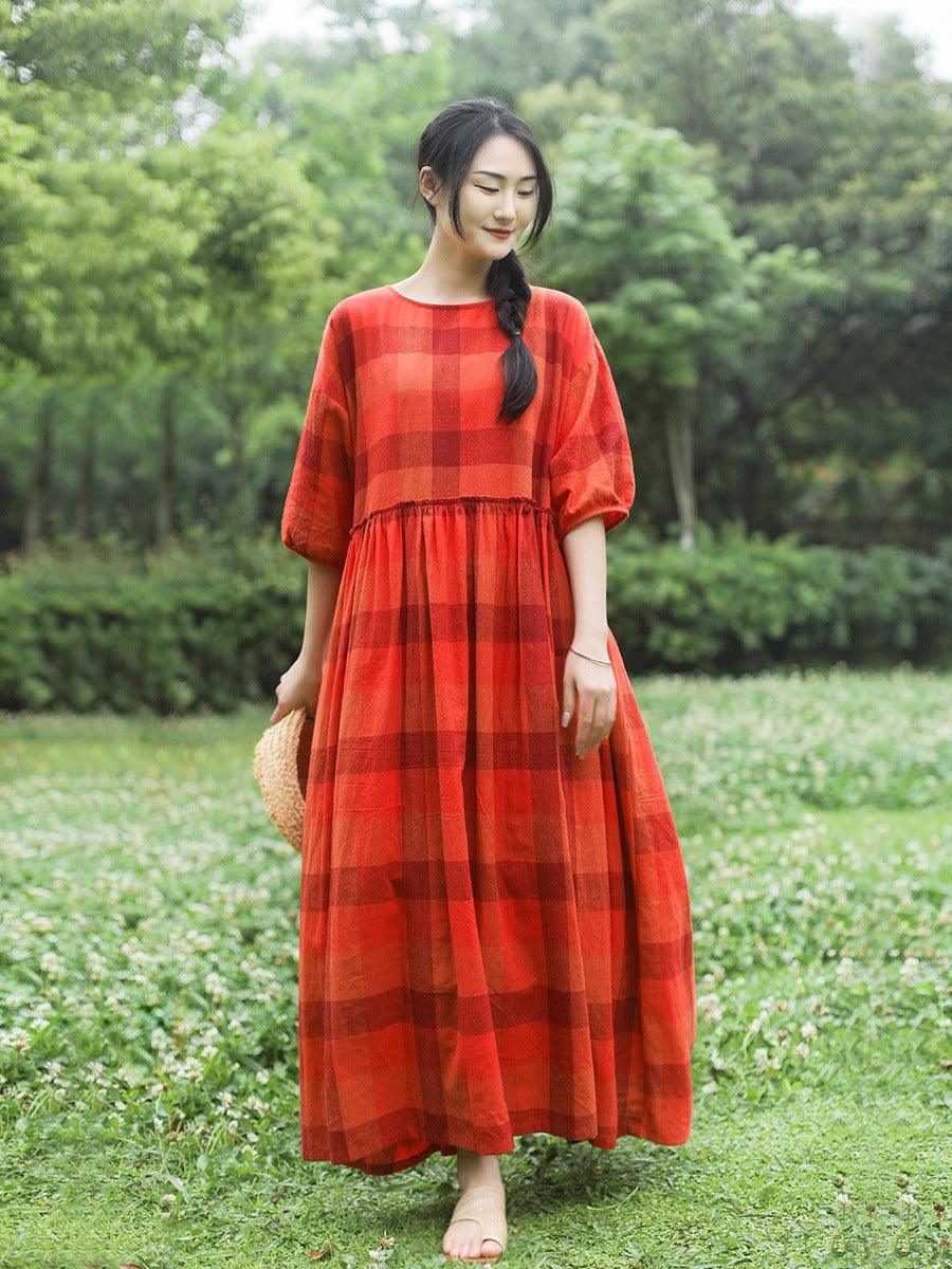 Stylish Long Sleeve Orange Plaid Dress With Pockets Dresses For Thanksgiving, perfect for festive gatherings in comfort.