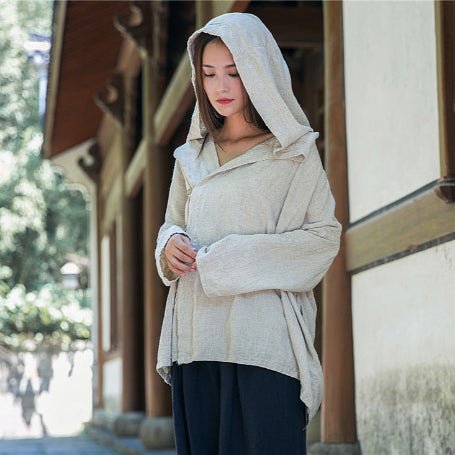 Hooded sand-washed linen Blouses Linen tops for women Thebesttailor