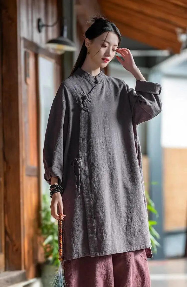 Shirt dress for women Linen Vintage top and Robe Dress-Women's dress-Thebesttailor-One size-Gray-Linen-Thebesttailor