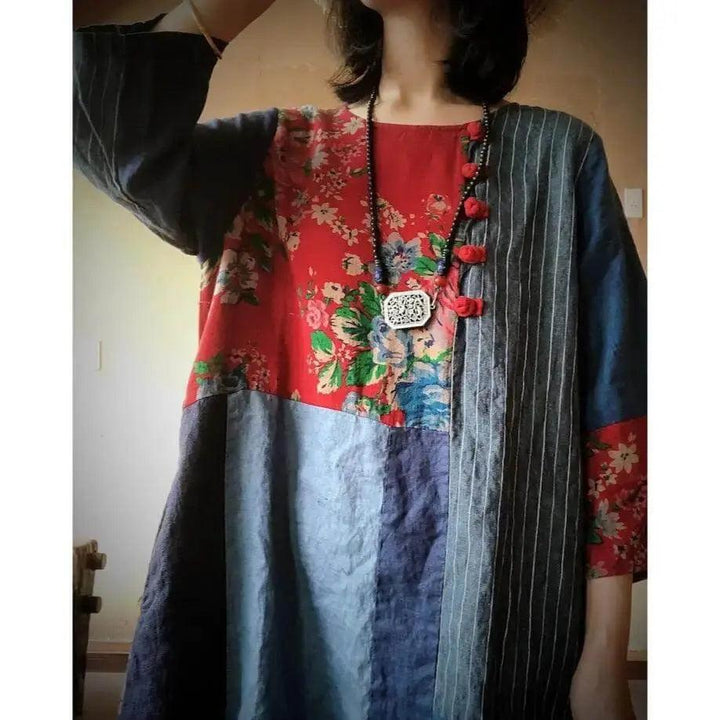 maxi dresses for women Vintage Blue Linen Patchwork Dress with 3/4 Sleeves-Women's dress-Thebesttailor-Thebesttailor